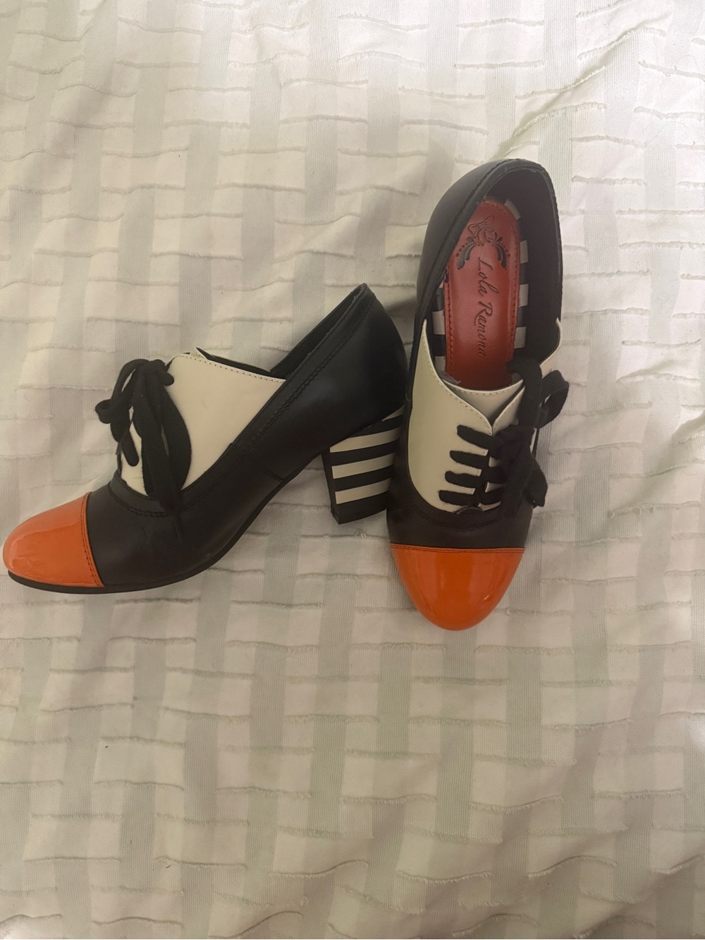 Two-Tone Lace-Up Block Heels in Black, Cream & Orange